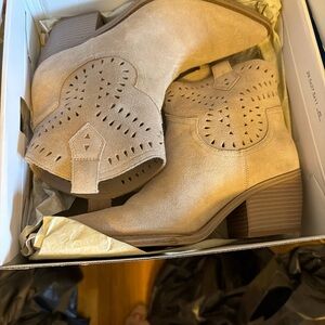 Beige Suede Cutout Ankle Booties with Stacked Heel